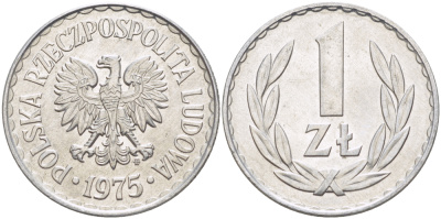 ПОЛЬША 1 ЗЛОТЫЙ 1975 MW KM 49.1, Parchimowicz 213l алюминий UNC 216-825