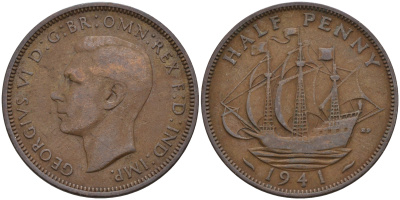 Великобритания 1/2 пенни 1941 Георг VI (1936-1952) KM 844, Spink 4115 бронза 4592-334