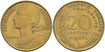 Франция 20 сантимов 1967 тип Marianne KM 930 медь алюминий никель    4595-1053