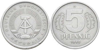 ГДР 5 пфеннигов 1980 А KM 9.2 алюминий 206-1136