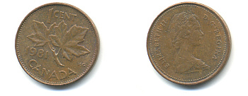 Канада 1 цент 1981 Елизавета II (1952-2022), кленовый лист KM 127 бронза 177-1363
