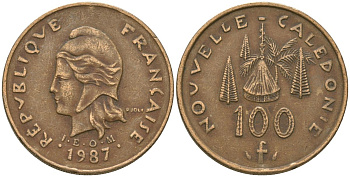 Французская Новая Каледония 100 франков 1987 хижина среди сосен и пальм, (IEOM) KM 15, Schoen 16, Lec 135 никель бронза 88-523