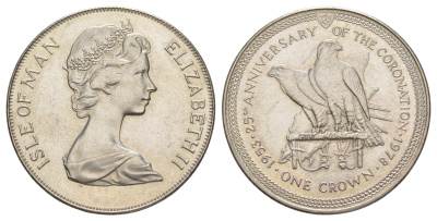 Остров Мэн 1 крона 1978 25 лет коронации королевы Елизаветы II, соколы KM 43 медно-никель BU 4184-1123