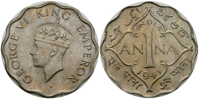 Британская Индия 1 анна 1941 Георг VI (1936-1952) KM 537 медно-никель UNC 94-455