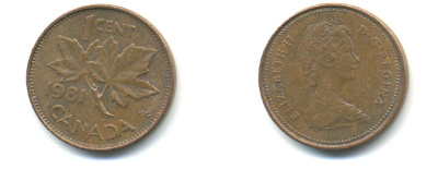 Канада 1 цент 1981 Елизавета II (1952-2022), кленовый лист KM 127 бронза 177-1363