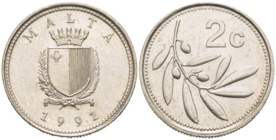 Мальта 2 цента 1991 оливковая ветвь KM 94 медно-никель 218-1226