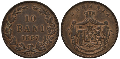 Румыния 10 бани 1867 монетный двор Watt&Co, Кароль I как принц (1866-1881) KM 4.2 медь 441-224