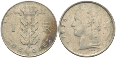 БЕЛЬГИЯ 1 ФРАНК 1978 BELGIE, БОДУЭН I (1951-1993) KM 143.1 медно-никель 119-644