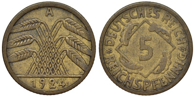 Германия 5 рейхспфеннигов 1924 A KM 39, J. 316 алюминиевая бронза 4124-249