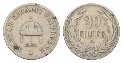 Венгрия 20 филлеров 1894 KB, Франц Иосиф I (1848-1916) KM 483 никель 4664-1124