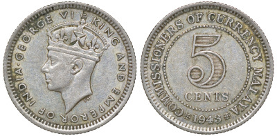 Британская Малайя 5 центов 1943 Георг VI (1937-1952) KM 3a серебро 53-137