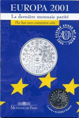 Франция 1 евро = 6,55957 франков 2001 в оригинальном картонном буклете, сертификат KM 1265.1 серебро BUNC 5-4-4-17