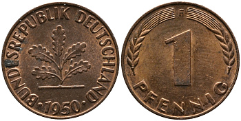 ФРГ 1 ПФЕННИГ 1950 F KM 105, J.380 сталь плакированная медью 96-1058
