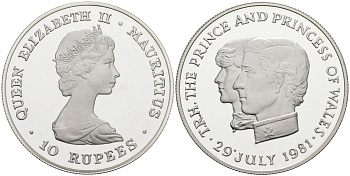 Маврикий 10 рупий 1981 королевская свадьба принца Чарльза и леди Дианы, 29 июля 1981, тираж 2090 экз. KM 46а серебро PROOF 1078-4-31