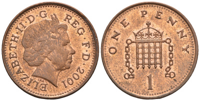 Великобритания 1 пенни 2001 Елизавета II (1952-2022) KM 986, Spink 4710 (B5) сталь плакированная медью 4609-557