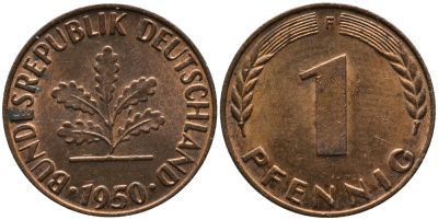ФРГ 1 ПФЕННИГ 1950 F KM 105, J.380 сталь плакированная медью 96-1058