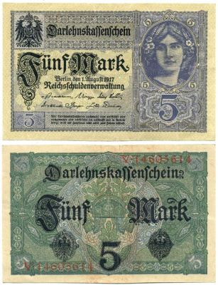 ГЕРМАНИЯ 5 МАРОК 1917 ВОСЕМЬ ЦИФР В НОМЕРЕ Pick 56b бумага 7547-9-2