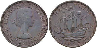Великобритания 1/2 пенни 1965 Елизавета II (1952-2022) KM 896, Spink 4158 бронза 4592-432
