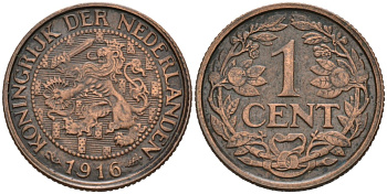 Нидерланды 1 цент 1916 Вильгельмина (1890-1948) KM 152 бронза 4576-717