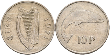Ирландия 10 пенсов 1971 лосось KM 23 медно-никель 88-731