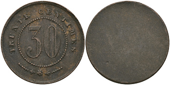 ФРАНЦИЯ 30 САНТИМОВ ND ПЛАТЕЖНЫЙ ЖЕТОН НАЧАЛА XX ВЕКА, НА АВЕРСЕ НОМИНАЛ ЦИФРАМИ И ПРОПИСЬЮ, ОДНОСТОРОННИЙ ЧЕКАН, ДИАМЕТР 24 ММ. бронза 65-354