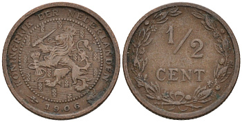 Нидерланды 1/2 цента 1906 Вильгельмина (1890-1948) KM 133 бронза 4576-327