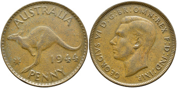 АВСТРАЛИЯ 1 ПЕННИ 1944 p, ГЕОРГ VI (1936-1952), КЕНГУРУ KM 36 бронза 4394-343