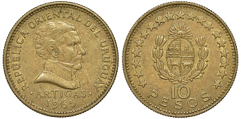 Уругвай 10 песо 1965 KM 48 алюминиевая бронза 4574-711