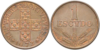 Португалия 1 эскудо 1973 KM 597 бронза 213-235