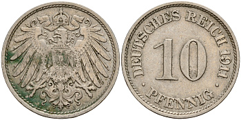 Германия 10 пфеннигов 1911 J J. 13,  KM 12 медно-никель    4603-732