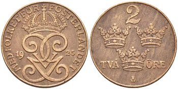 Швеция 2 эре 1925 Густав V (1907-1950) KM 778 бронза 119-1013