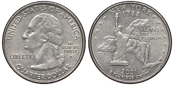 США 25 центов = квотер 2001 Р, серия штаты США, Нью-Йорк KM 318 медь плакированная медно-никелем 4541-414