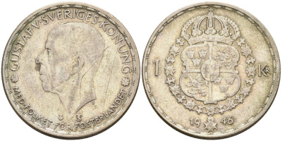 Швеция 1 крона 1946 TS, Густав V (1907-1950) KM 814 серебро 3457-823