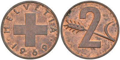 Швейцария 2 раппена 1969 KM 47 бронза 4543-1216