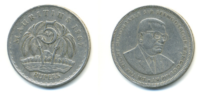 Маврикий 5 рупий 1987 Сивусагур Рамгулам KM 56 медно-никель 179-112