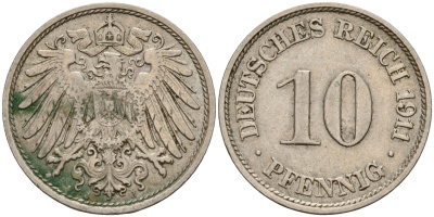Германия 10 пфеннигов 1911 J J. 13,  KM 12 медно-никель    4603-732