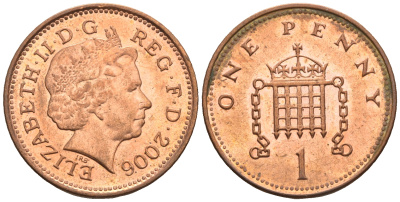 Великобритания 1 пенни 2006 Елизавета II (1952-2022) KM 986, Spink 4710 (B5) сталь плакированная медью 4609-631