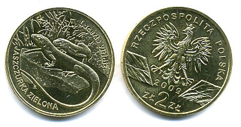 Польша 2 злотых 2009 MW, серия сохраним наш мир, зеленая ящерица KM 678 латунь UNC M5-02