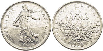ФРАНЦИЯ 5 ФРАНКОВ 1978 СЕЯТЕЛЬ KM 926а.1, LE FRANC 341.10 медно-никель плакированный никелем 111-1144