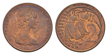 Новая Зеландия 2 цента 1982 Елизавета II (1952-2022), два цветка кохаи KM 32.1 бронза 4655-1151