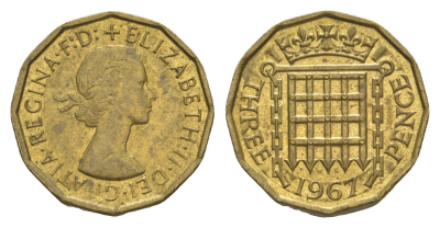 Великобритания 3 пенса 1967 Елизавета II (1952-2022) KM 900, Spink 4153 никель латунь 4153-1136