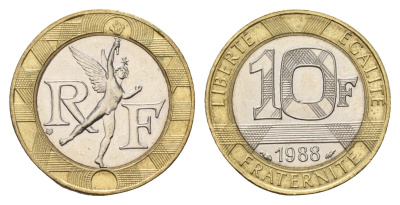 Франция 10 франков 1988 тип Гений Бастилии KM 964.1, Le Frank 375.2 биметалл 4118-626