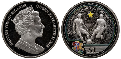 Британские Виргинские острова 1 доллар 2018 Чемпионат мира по футболу в России 2018 года, два игрока, цветная эмаль KM NEW медно-никель UNC 1077-9-21