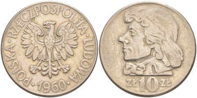 ПОЛЬША 10 ЗЛОТЫХ 1960 КОСТЮШКО KM 50 медно-никель 4111-232