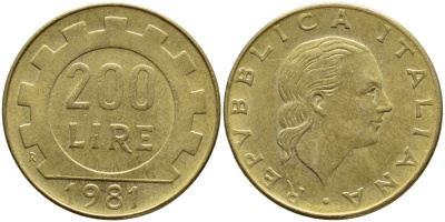 Италия 200 лир 1981 R, шестерня KM 105 алюминиевая бронза 4397-545