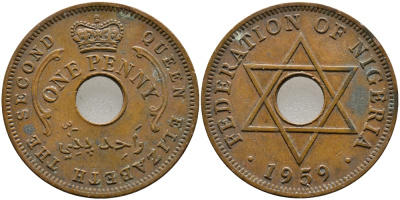 Нигерия 1 пенни 1959 Елизавета II (1952-), Британский протекторат KM 2 бронза 51-1945