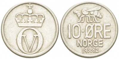 НОРВЕГИЯ 10 ЭРЕ 1962 КМ 411 медно-никель 3955-267
