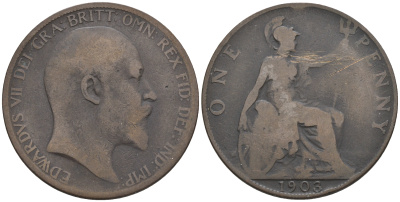 Великобритания 1 пенни 1903 Эдуард VII (1901-1910) KM 794.2, Spink 3990 бронза 4607-1014