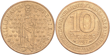 Франция 10 франков 1987 1000 лет первому королю Франции Гуго Капету KM 961 d, Le Franc 371.2 никелированная бронза UNC 189-312