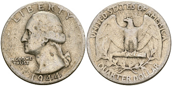 США 25 центов = квотер 1944 Вашингтон KM 164 серебро 4573-1227